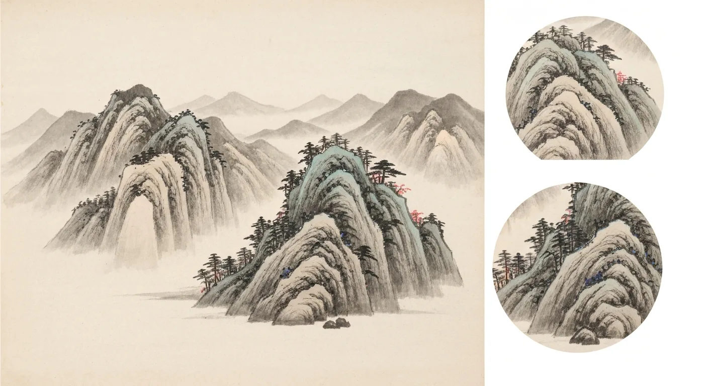 먹의 농담 변화가 돋보이는 수묵 산수화 세부 확대컷